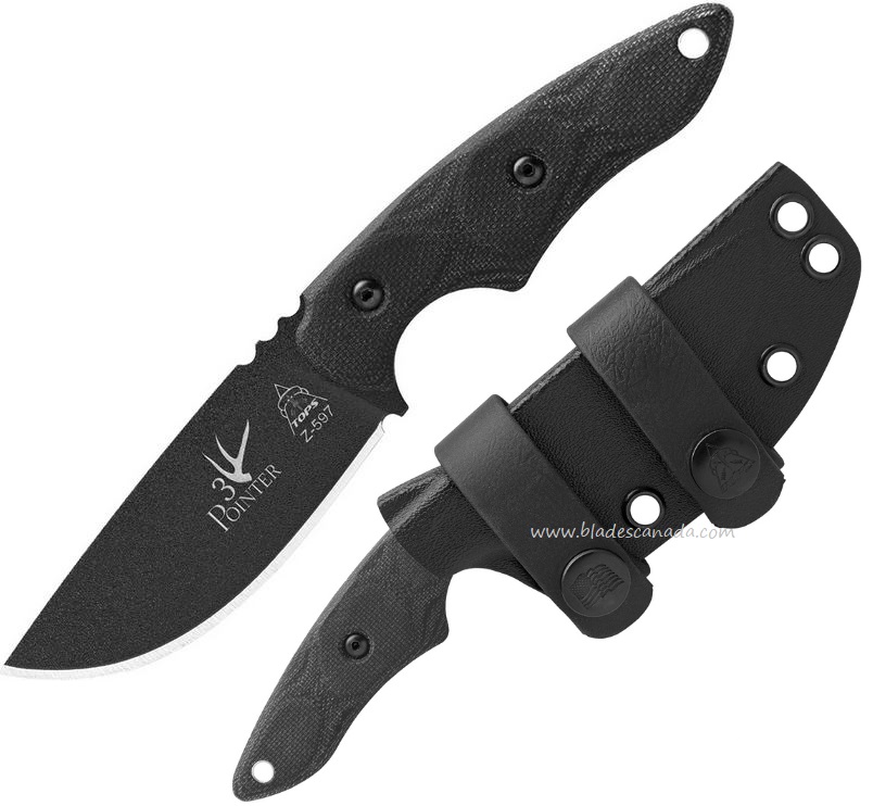 TOPS 3 Pointer Fixed Blade Knife, 1095 Carbon, Micarta Black, Kydex Sheath, 3PR01