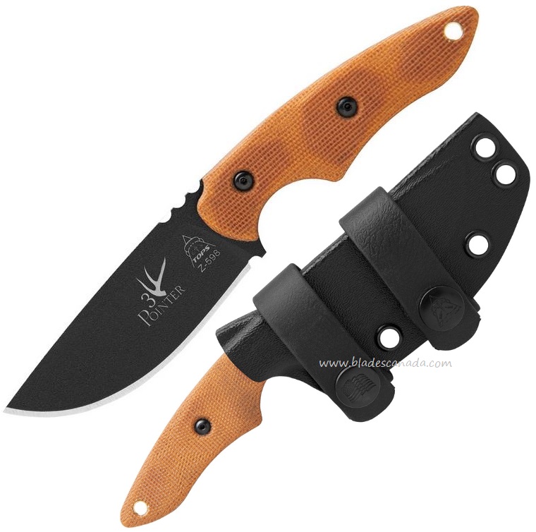 TOPS 3 Pointer Fixed Blade Knife, 1095 Carbon, Micarta Tan, Kydex Sheath, 3PR02