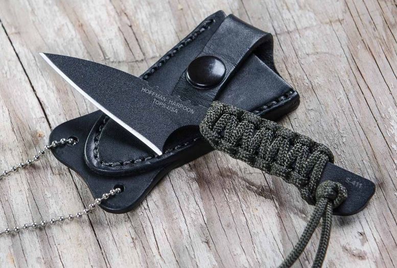 TOPS Hoffman Harpoon Mini Fixed Blade Knife, 1095 Steel, Leather Sheath, HOFHARMINI