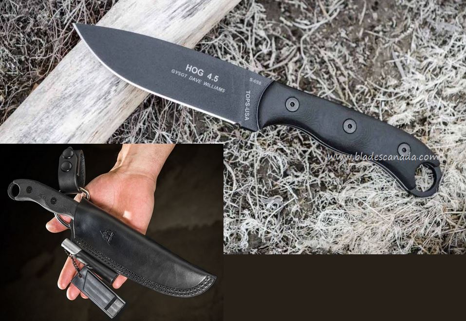 TOPS Hunter of Gunmen Fixed Blade Knife, 1095 Carbon, Micarta, Leather Sheath, HOG4.5