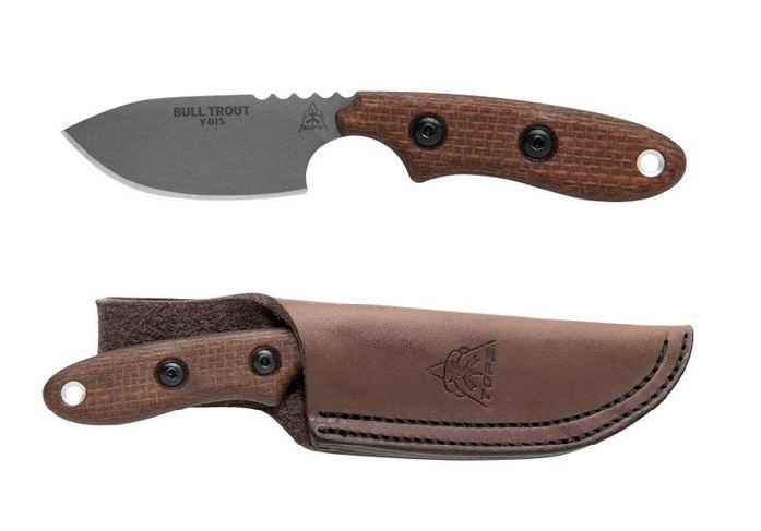 TOPS Bull Trout Fixed Blade Knife, 154CM, Micarta Brown, Leather Sheath, BLTT-01