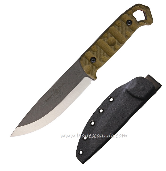 TOPS Brakimo Fixed Blade Knife, 1095 Carbon, Micarta Green, Kydex Sheath, BRAK-01RMT
