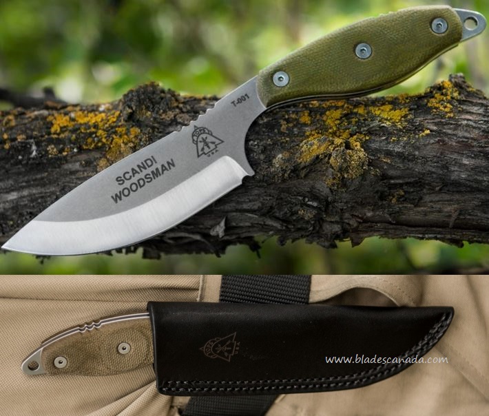 TOPS Scandi Woodsman Fixed Blade Knife, 1095 Carbon, Micarta, Leather Sheath, SWOODS3.5