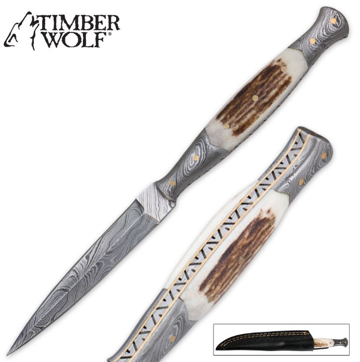 Timber Wolf File Worked Damascus Dagger w/Leather Sheath