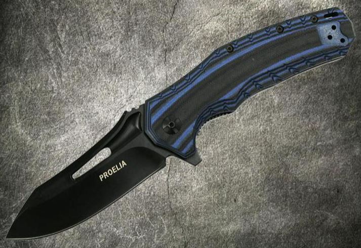 Proelia Folding Knife, D2 Black, G10 3D Blue/Black, TX020BLBK