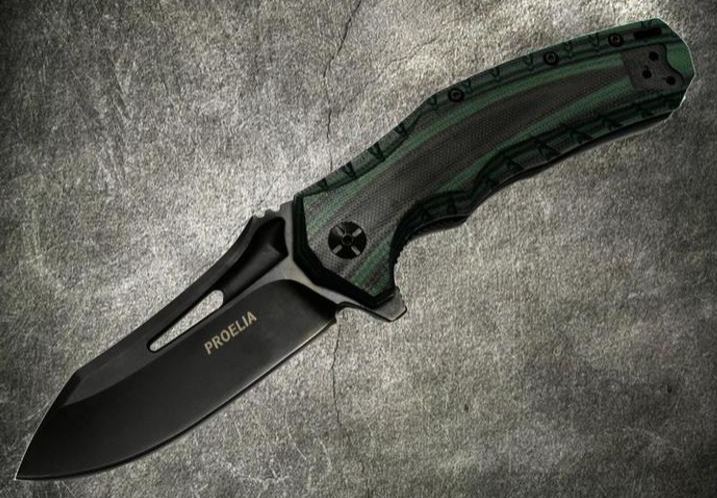 Proelia Folding Knife, D2 Black, G10 Green/Black, TX020GNBK