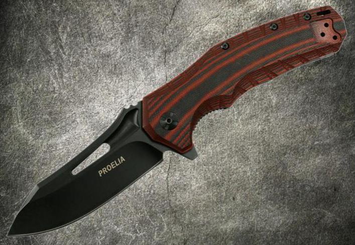 Defcon Proelia Folding Knife, D2 Black, G10 3D Red/Black, TX020RBK