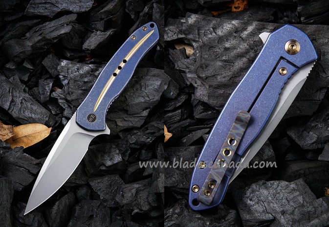 WE Knife Kitefin S35VN, Gold Stripe Titanium Handle, Blue Framelock 2001F