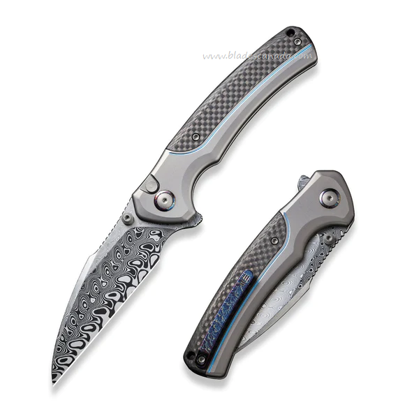 WE Knife Ziffius Flipper Button Lock Knife, Ltd Edition, Damasteel, Titanium/Carbon Fiber, 22024A-DS1