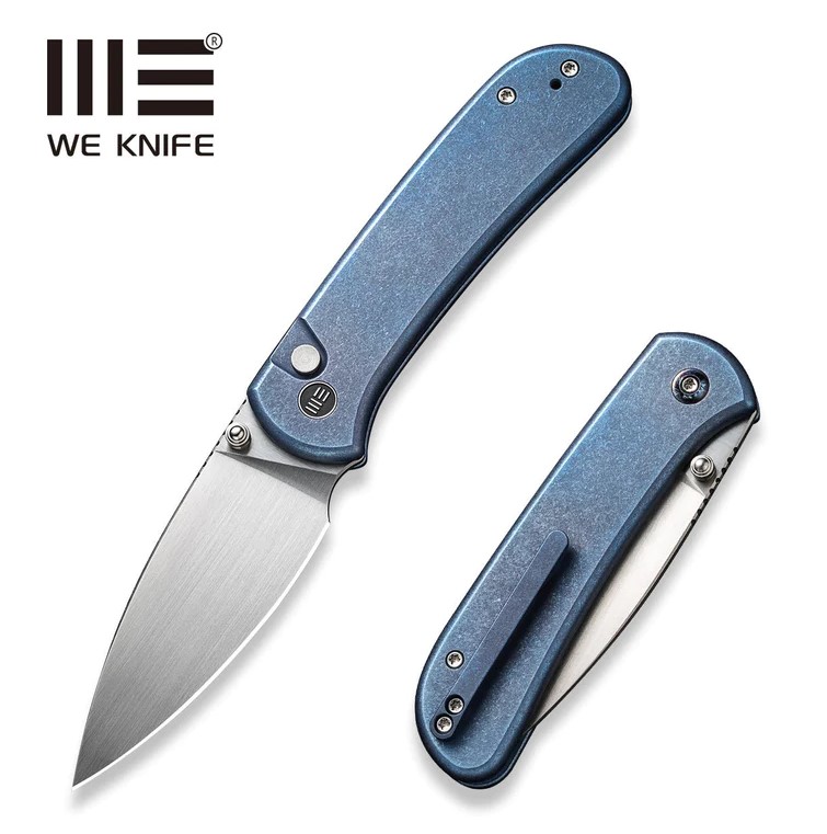 WE Knife Qubit Button Lock Folding Knife, CPM 20CV, Titanium Blue, 22030F-3