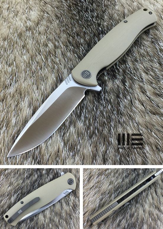 We Knife 703D Flipper Folding Knife, D2 Satin, G10 Tan - Click Image to Close