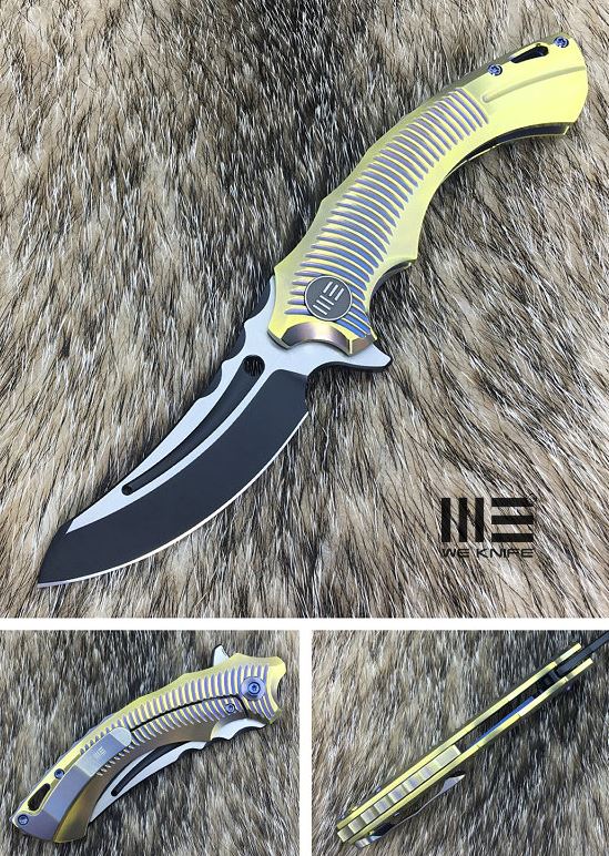 WE Knife Sea Monster Flipper Framelock Knife, M390, Titanium Gold, 713B