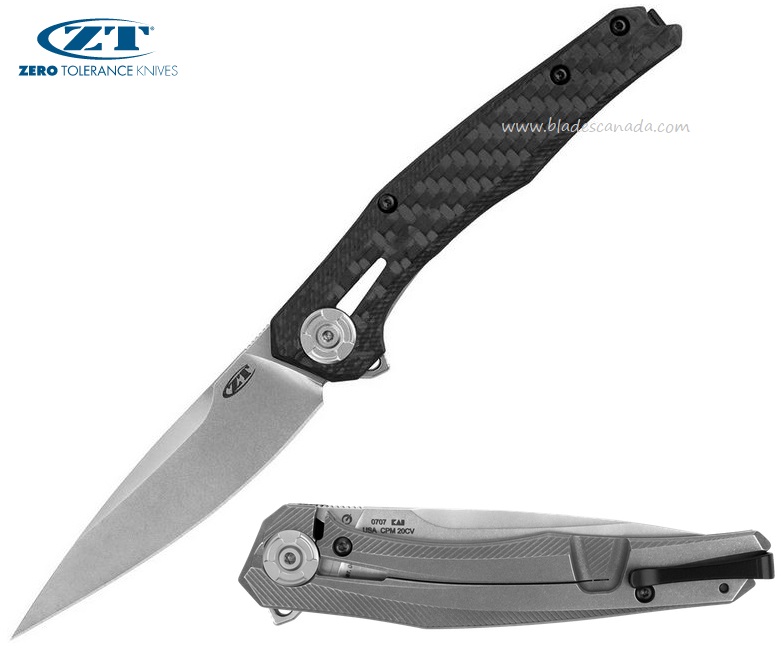 Zero Tolerance 0707 Flipper Framelock Knife, CPM 20CV, Titanium/CF